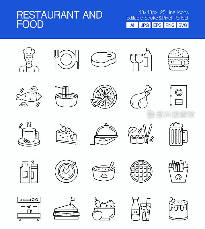 餐厅和食物细线矢量图标集。设计是可编辑的,颜色可以改变。矢量创意图标集:蛋糕,Fas食品,披萨,牛排,水,沙拉