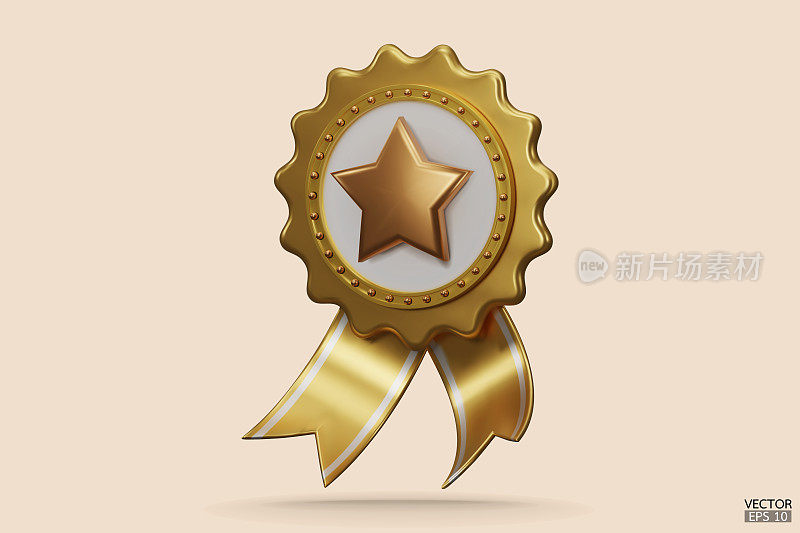 3D质量的黄金保证了带有星星和缎带的奖牌。金色徽章保修图标隔离在米色背景上。逼真的图形证书徽章图标，黄色奖励徽章。三维矢量插图