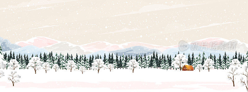 冬季森林景观与木谷仓，冷杉和松树在雪天。矢量卡通地平线针叶林与雪花飘落在夜晚，背景旗帜为圣诞，新年装饰
