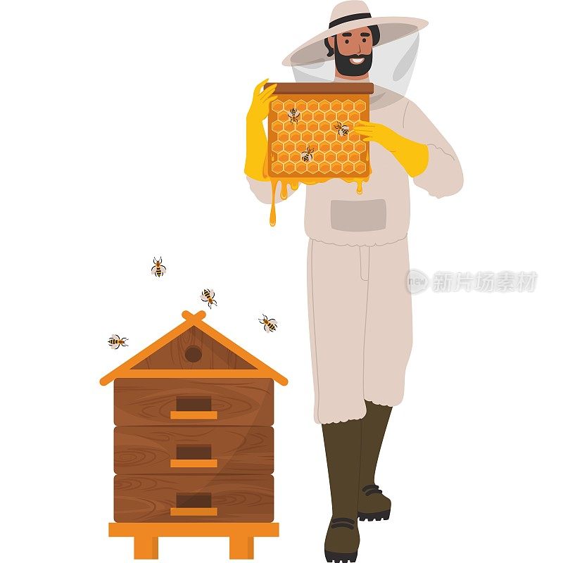 矢量养蜂人附近蜂巢举行蜂蜜框架图标