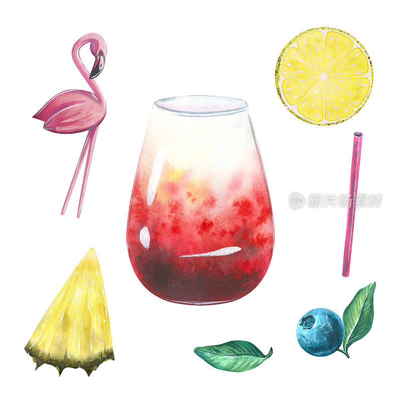 热带鸡尾酒，粉色火烈鸟菠萝，青柠，稻草和蓝莓。白色背景上的一组手绘水彩画。菜单，食谱，海滩酒吧