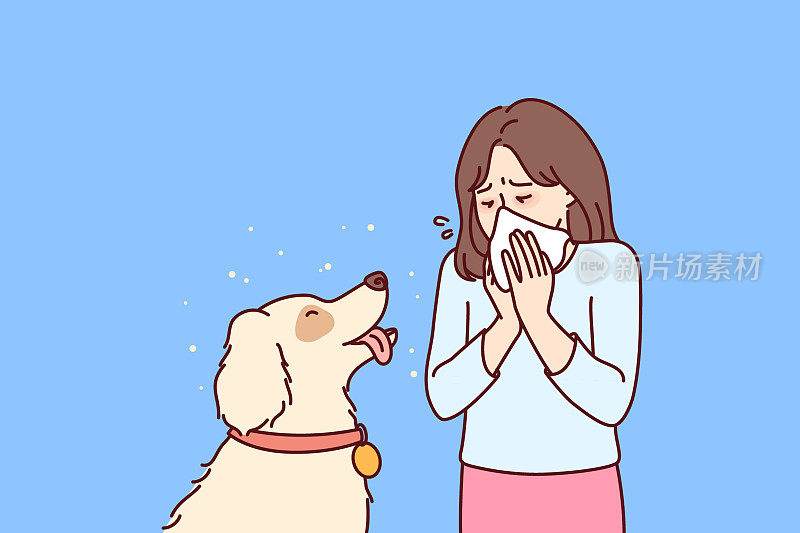 带狗的小女孩患有过敏症或鼻炎，用纸巾擤鼻子