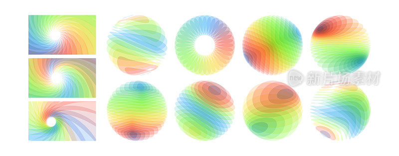 具有动态效果的抽象背景。旋转和旋转运动。一组球体。抽象的几何设计。矢量插图由各种重叠的元素。