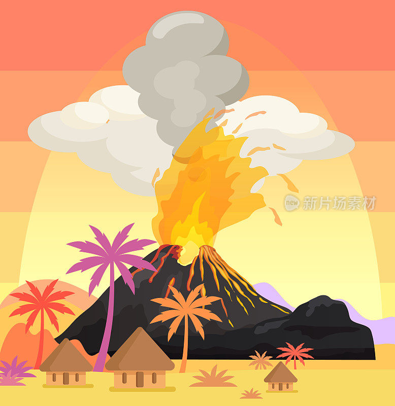 火山喷发山上有岩浆的异域村落。热带岛屿上有熔岩的火山