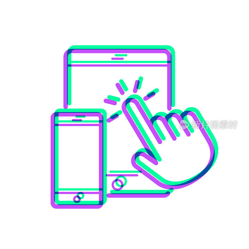 手触式平板电脑和智能手机。图标与两种颜色叠加在白色背景上