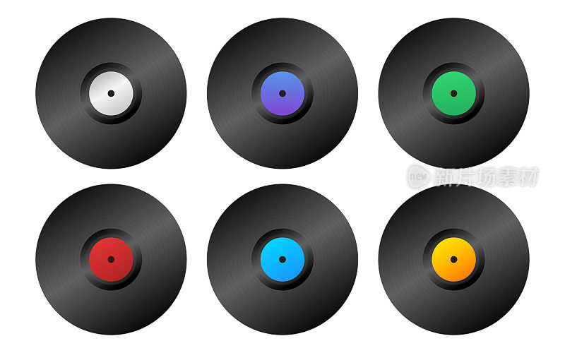 矢量集的黑胶唱片在一个孤立的透明背景。黑胶唱片在不同的颜色PNG。旧cd，音乐。PNG。矢量图