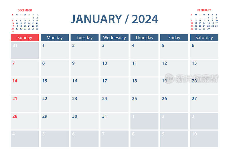 2024年1月日历规划矢量模板。一周从周日开始