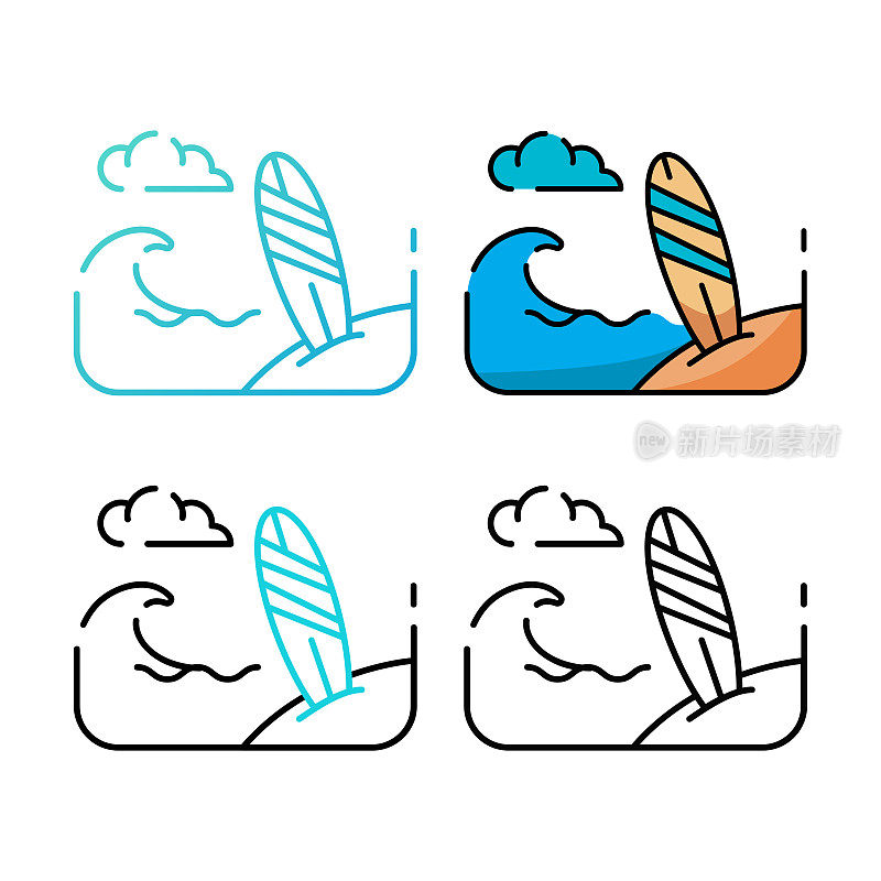冲浪图标设计在四个变化的颜色