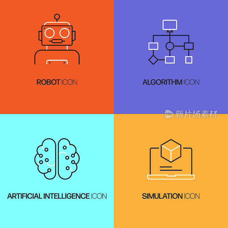 人工智能相关的矢量细线图标。轮廓符号集合