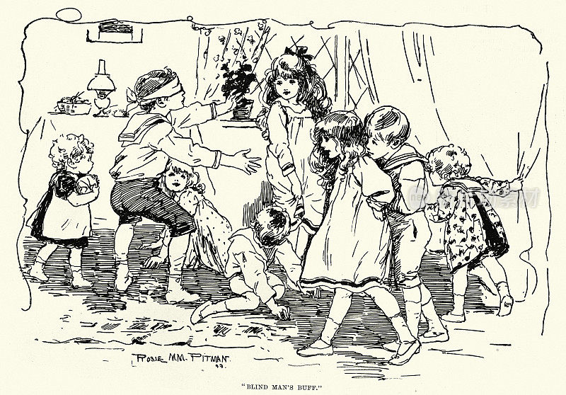 19世纪，19世纪90年代，维多利亚时代，一群孩子，男孩和女孩，在玩盲人的游戏
