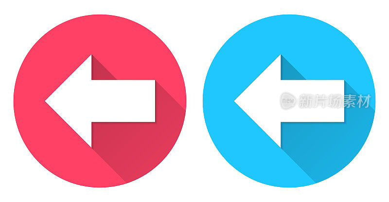 左箭头。圆形图标与长阴影在红色或蓝色的背景