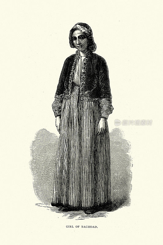 19世纪维多利亚时代，中东时尚，身着传统服装的巴格达女孩