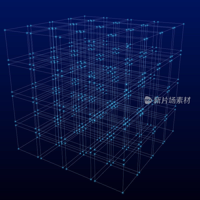 蓝色背景的三维线框立方体结构。