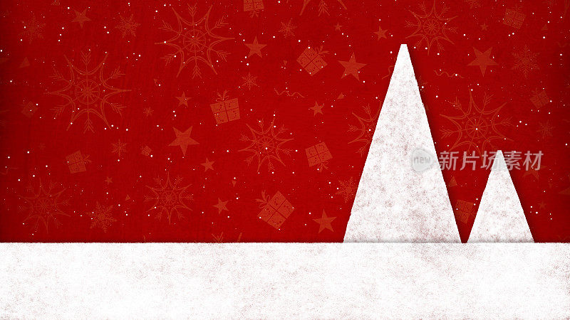 水平深鲜红栗色的圣诞壁纸纹理和小星星，雪花形状，漩涡作为水印所有的图案和两个白色三角形的圣诞树在一个轻污的底边复制空间或标签