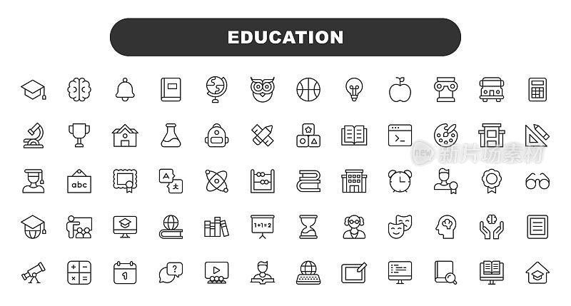 教育线图标。可编辑的中风。包含书籍，艺术，学校，编程，数学，原子，学习，眼镜等图标。