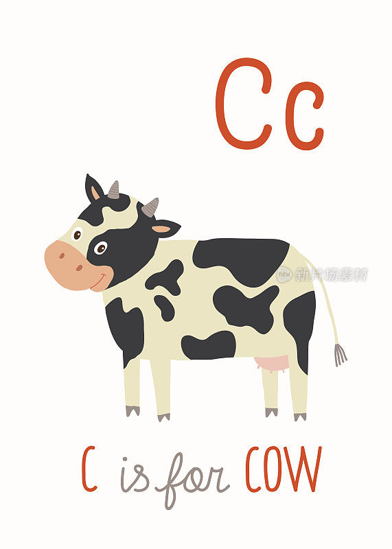 C是奶牛。ABC儿童墙艺术。农场的字母