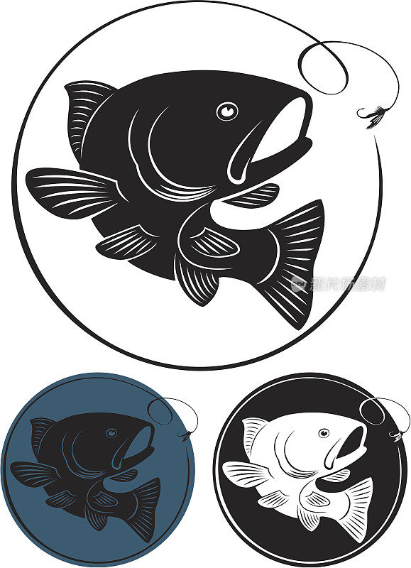 蓝色，黑色和白色圆形鳟鱼插图图标
