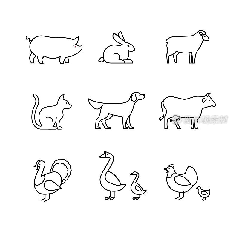 家畜和农场动物细线艺术图标集