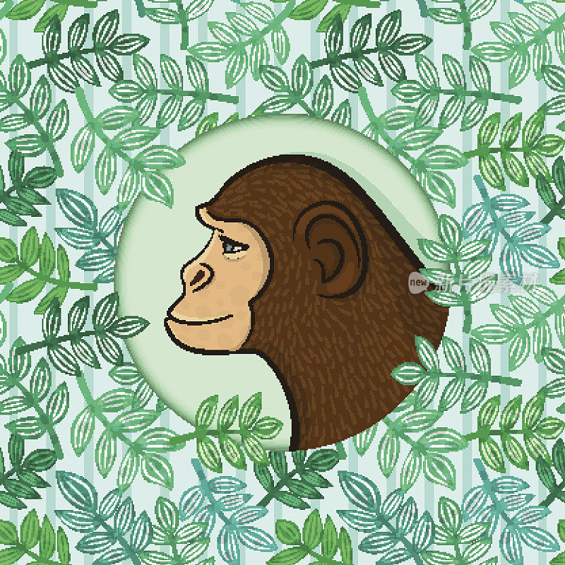 彩色的猴子在圆圈框架上详细的背景与树叶