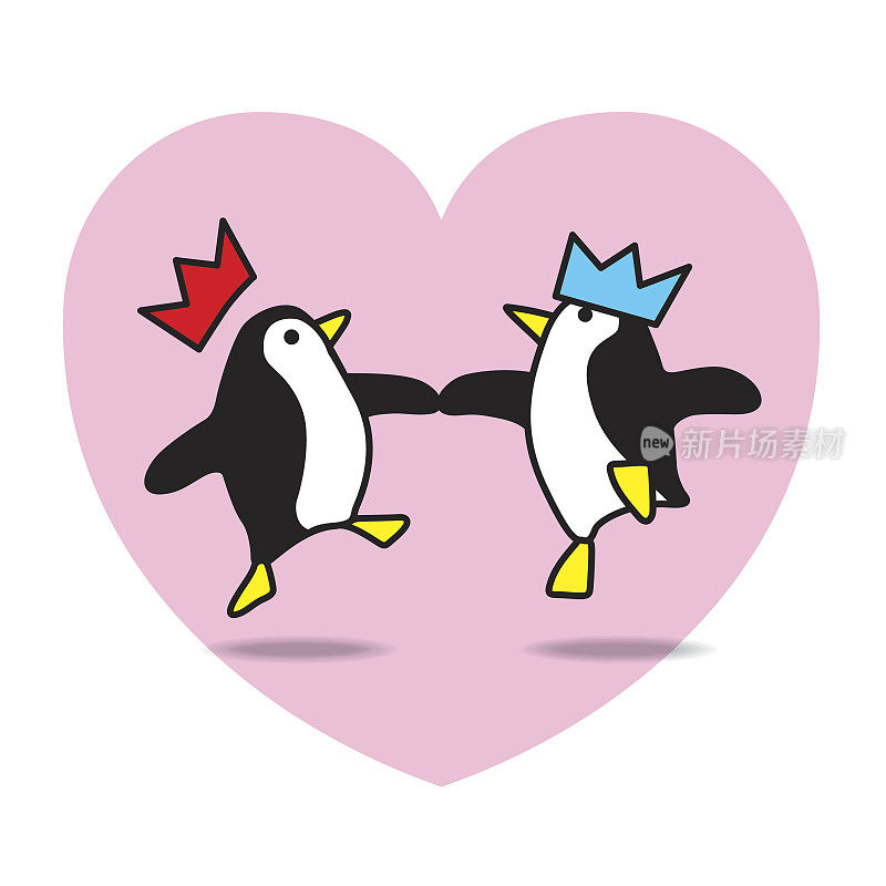 两只跳舞的企鹅在粉红色的心上聚会