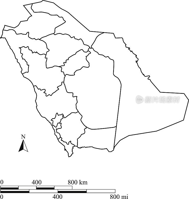 沙特阿拉伯地图轮廓矢量与比例尺