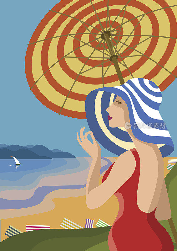 热带海滩上戴着宽边帽的美女。