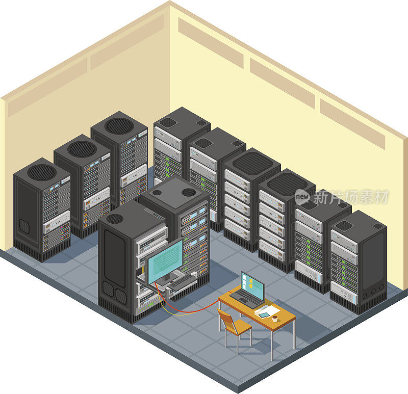 等距网络服务器室，配备一排计算机设备