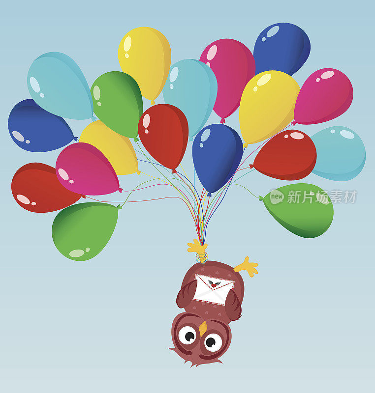贺卡或生日或假日的请帖。猫头鹰倒挂在气球上。向量。为文字和广告留出空间