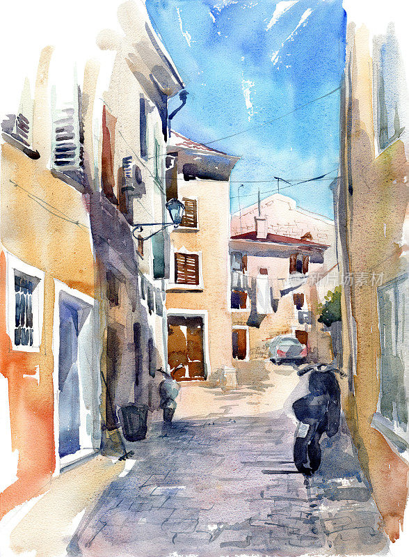 这是一幅水彩画，画的是克罗地亚罗温吉一条僻静的夏日街道，阳光明媚
