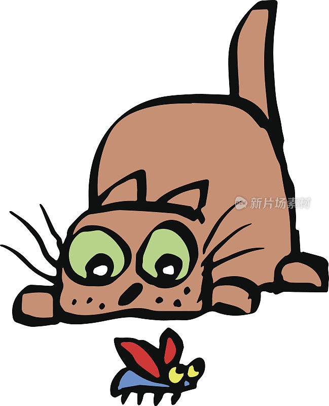 可爱的猫捕食甲虫。矢量插图。