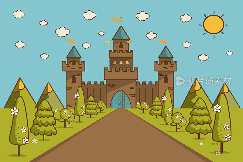 山景童话城堡的卡通插图。