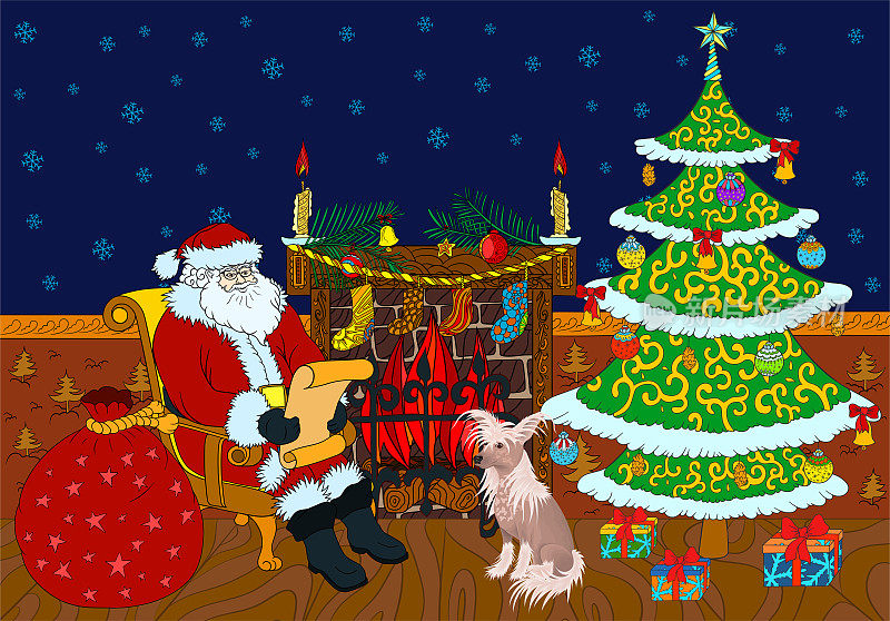 圣诞老人坐在壁炉旁边读愿望清单。圣诞贺卡与室内有松树和狗。