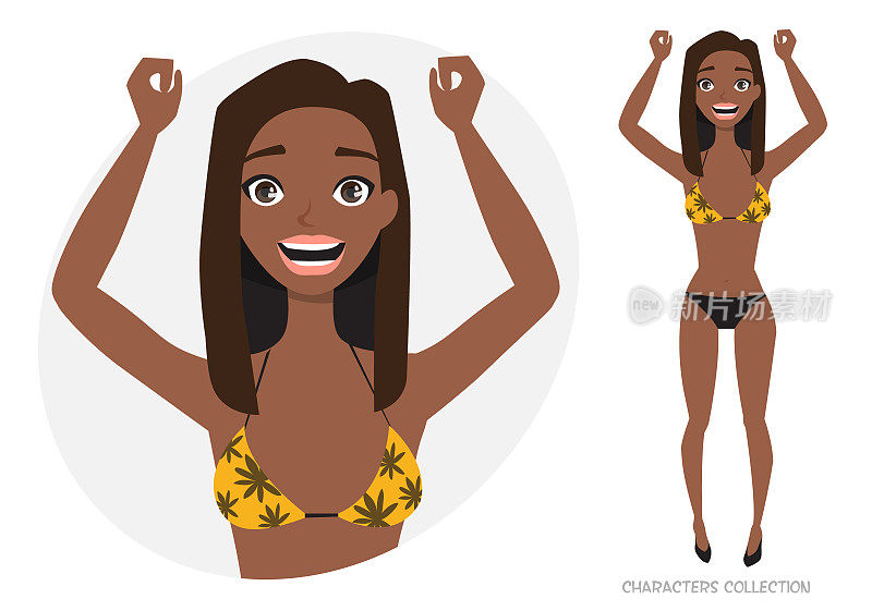 美丽的年轻黑人非洲裔美国妇女在海滩泳装高兴和幸福。