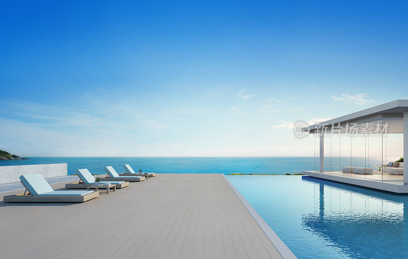 现代设计的豪华海滨别墅海景游泳池和露台，度假别墅或酒店木地板甲板上的躺椅-现代度假别墅外观的3d插图