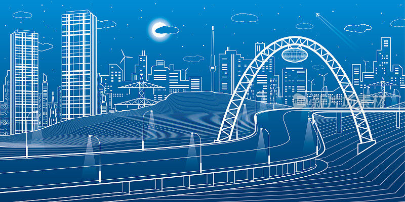 桥下高速公路。现代的夜城，霓虹之城。基础设施插图，城市场景。蓝色背景上的白线。矢量设计艺术