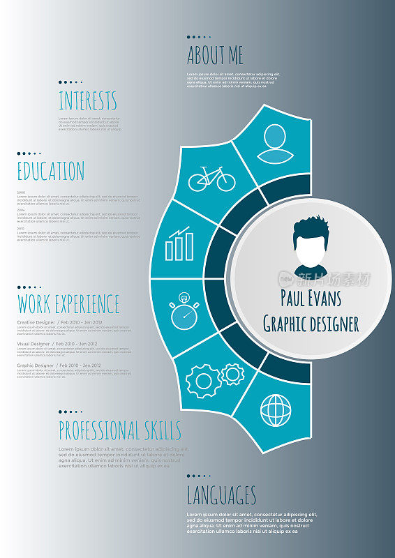 扁平的简历信息图设计。简历，简历中包含信息图