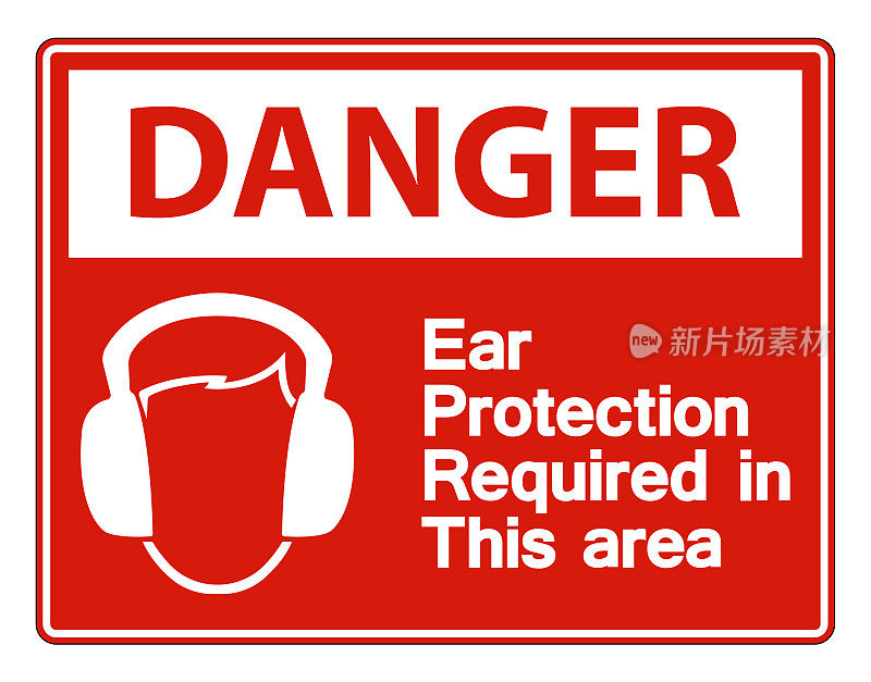 危险耳朵保护需要在该地区白色背景上的符号标志，矢量插图