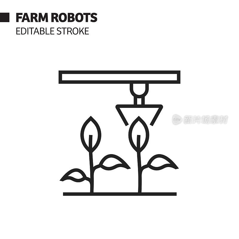 农场机器人线图标，轮廓矢量符号插图。完美像素，可编辑的描边。