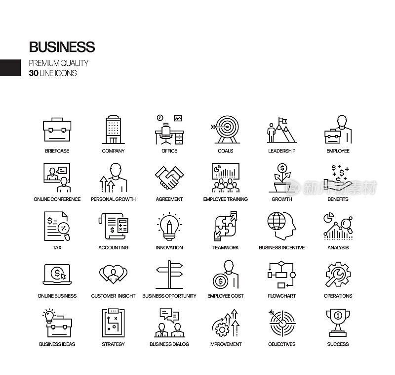与业务相关的矢量线图标的简单设置。大纲符号集合。