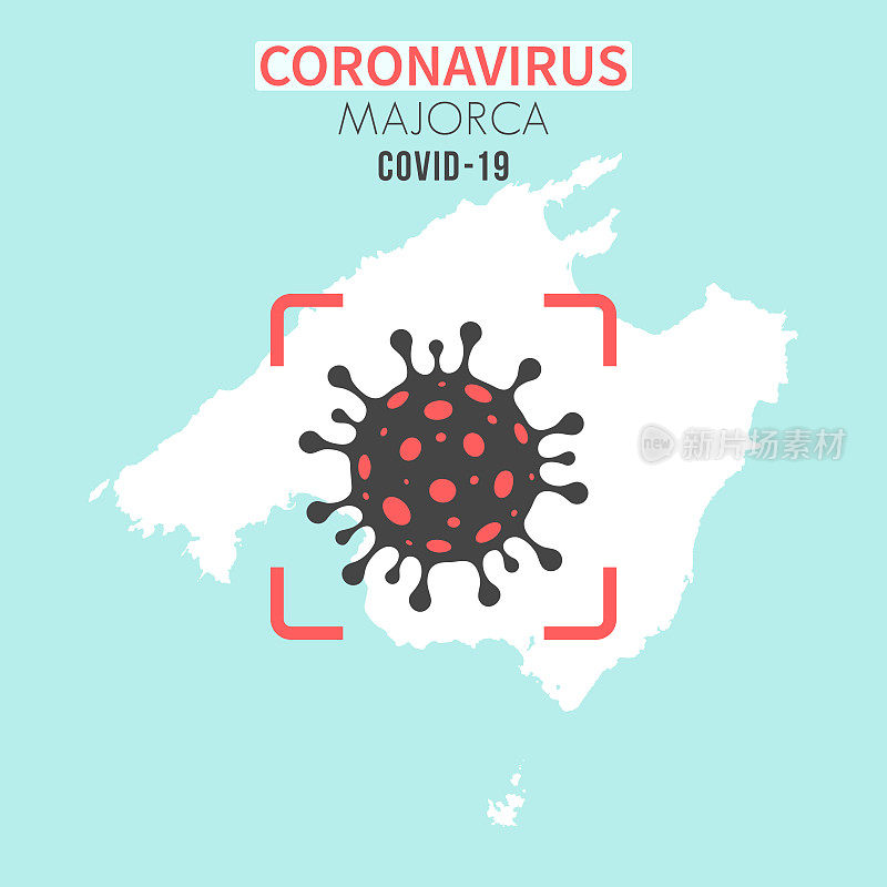 马略卡岛地图，红色取景器中有冠状病毒细胞(COVID-19)