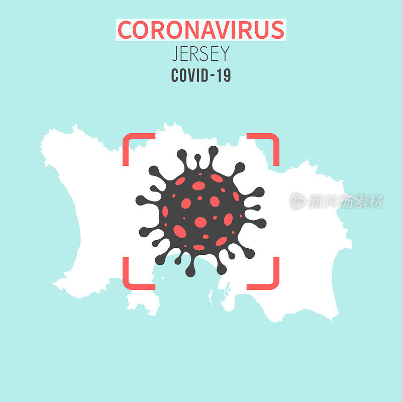 泽西岛地图，红色取景器中有冠状病毒细胞(COVID-19)