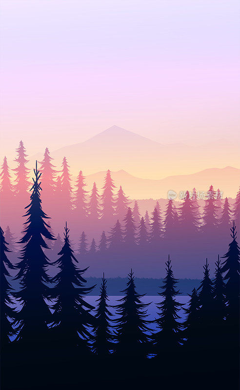 自然森林自然松林山地平线景观墙纸日出和日落插图矢量风格多彩的视图背景