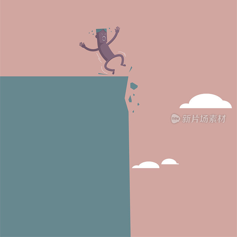 一个男人差点掉下悬崖，那个男人吓坏了。孤立在棕色背景上。