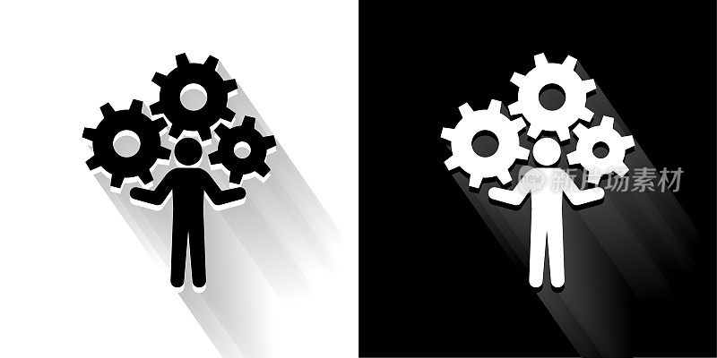 持有齿轮黑色和白色图标与长影子