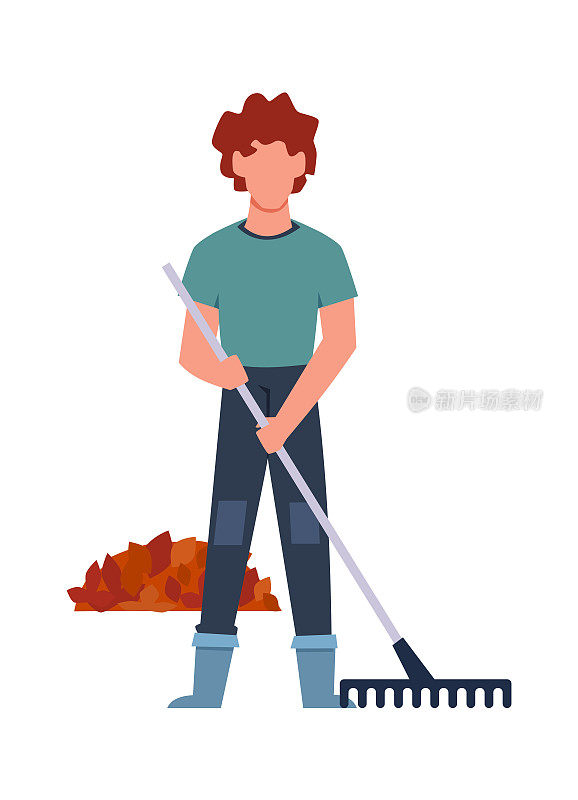园丁做季节性的工作。男人物用耙子把树叶串在一起，秋园作品，卡通平面矢量孤立人物