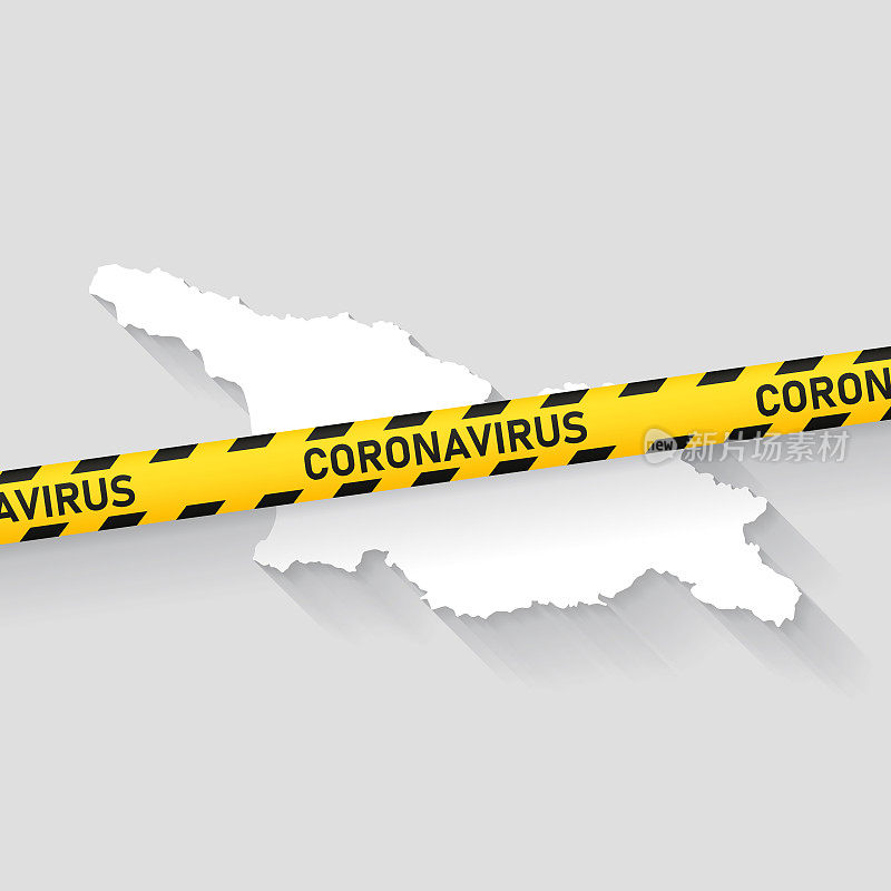佐治亚州地图与冠状病毒警告胶带。Covid-19爆发