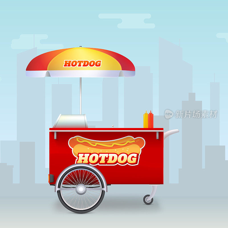 热狗车，街头快餐市场在大城市的背景。自行车底座上有带雨伞和热狗标志的户外服务推车。卖快餐的小卖部。