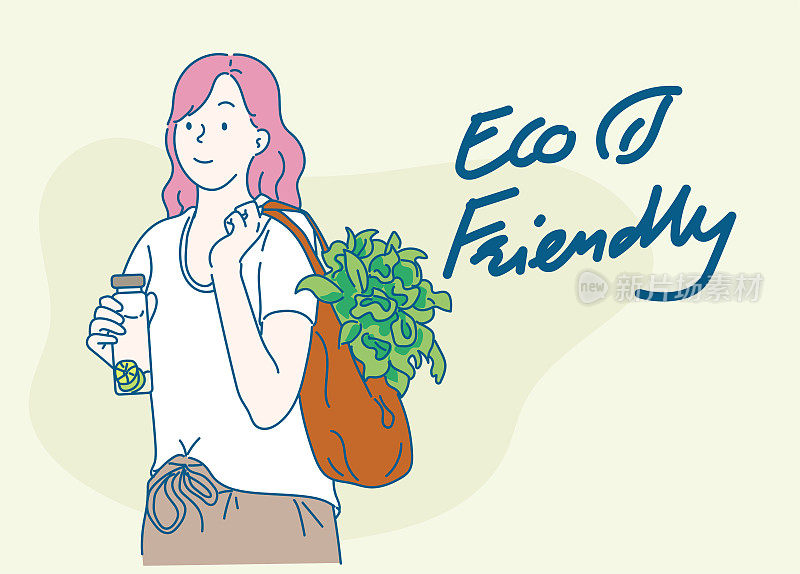 女性手里拿着环保蔬菜袋，绿色蔬菜和可重复使用的水瓶。“零浪费”。可持续生活方式的概念。手绘细线风格，矢量插图。