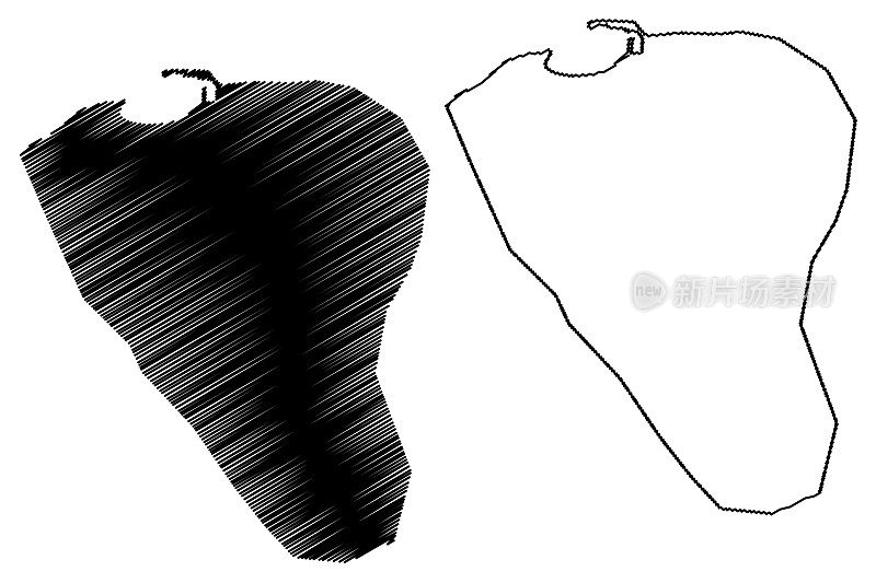 博萨索市(索马里联邦共和国，巴里区)地图矢量插图，涂鸦草图博萨索市地图