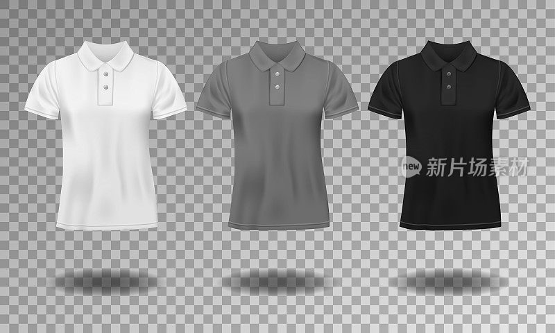 黑色，白色和灰色现实苗条男性马球t恤的设计模板。短袖t恤运动套装，男士经典马球。矢量图